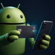 Android-мошенники оформляют кредиты и крадут карты через NFC 2 Андроид-робот держит кредитную карту и смартфон NFC