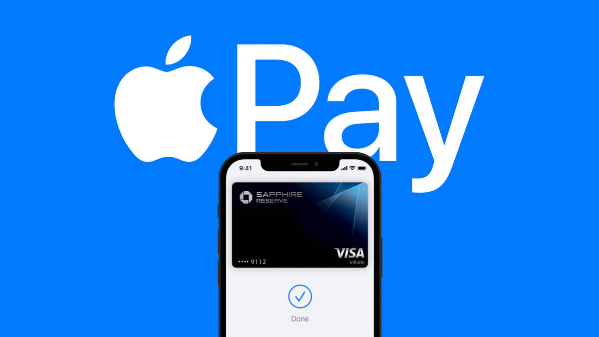 Apple Pay получит 4 новые функции и начнёт работать в Walmart 4 логотип Apple Pay на синем фоне, iPhone и карта Visa Sapphire Reserve