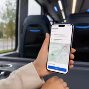 Мужчина держит смартфон с приложением «Метро Москвы» на фоне автобуса