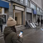 люди стоят в очереди у банкомата на улице, банк закрыт