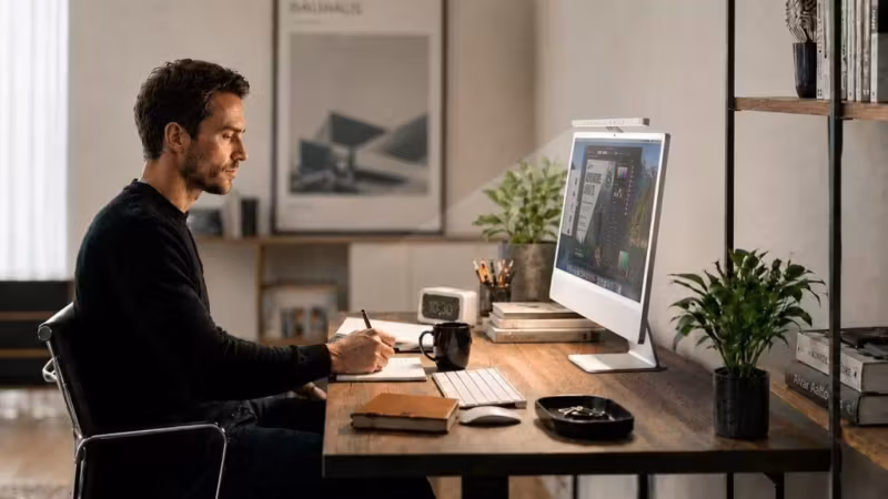 Рабочий стол с iMac и лампой BenQ в комнате