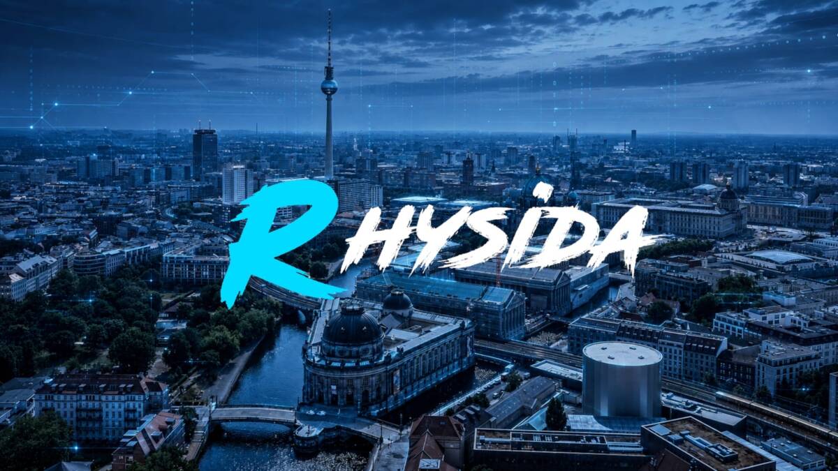 Городская панорама Берлина с Телевышкой и фирменным логотипом Rhysida