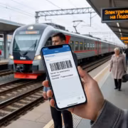 Мужчина держит смартфон с билетом на электричку Max