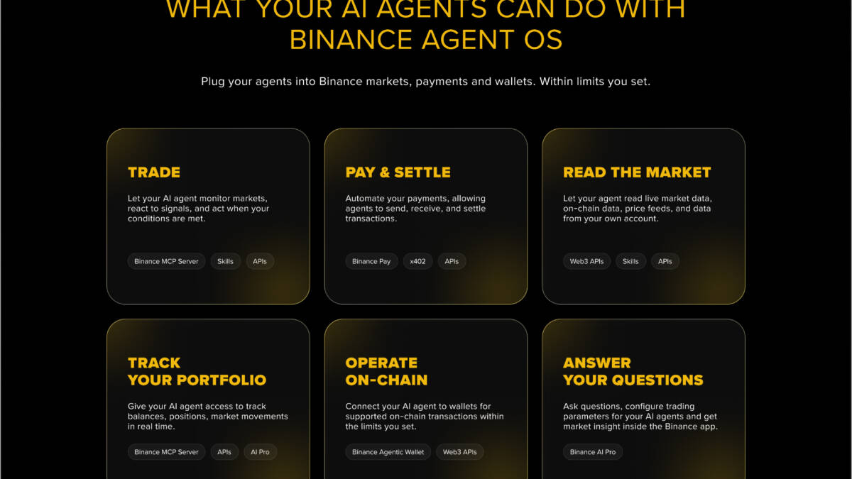 Binance запустила Agent OS для AI-агентов, но лимиты остаются на пользователях 2 Главная страница Binance Agent OS описание сервисов название