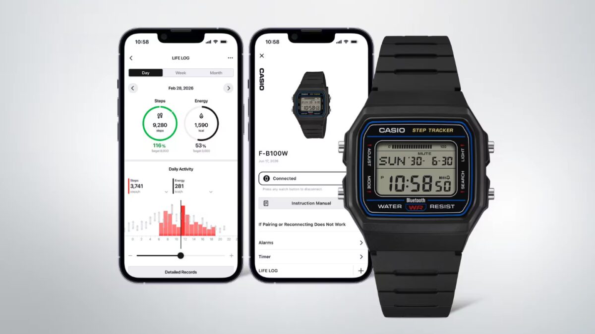 Цифровые часы Casio F-B100W и приложение с данными шагов