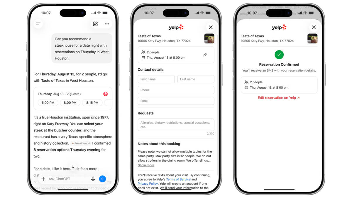 ChatGPT users can now book tables and join restaurant waitlists through Yelp