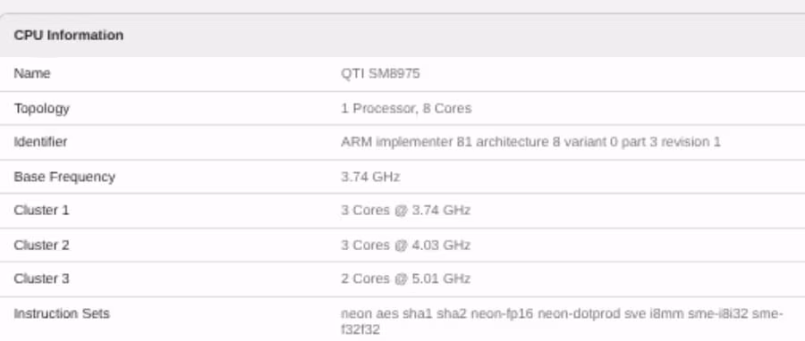 Чип Snapdragon 8 Elite Extreme Gen 6 разочаровал в Geekbench, хотя взял 5,01 ГГц 3 Информация о CPU Snapdragon 8 Elite Extreme Gen 6 в Gigbench