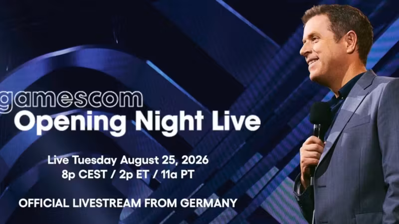 Джереми Конрад держит микрофон на Gamescom 2026 Opening Night Live