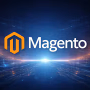 Логотип Magento на фоне цифровых линий и света