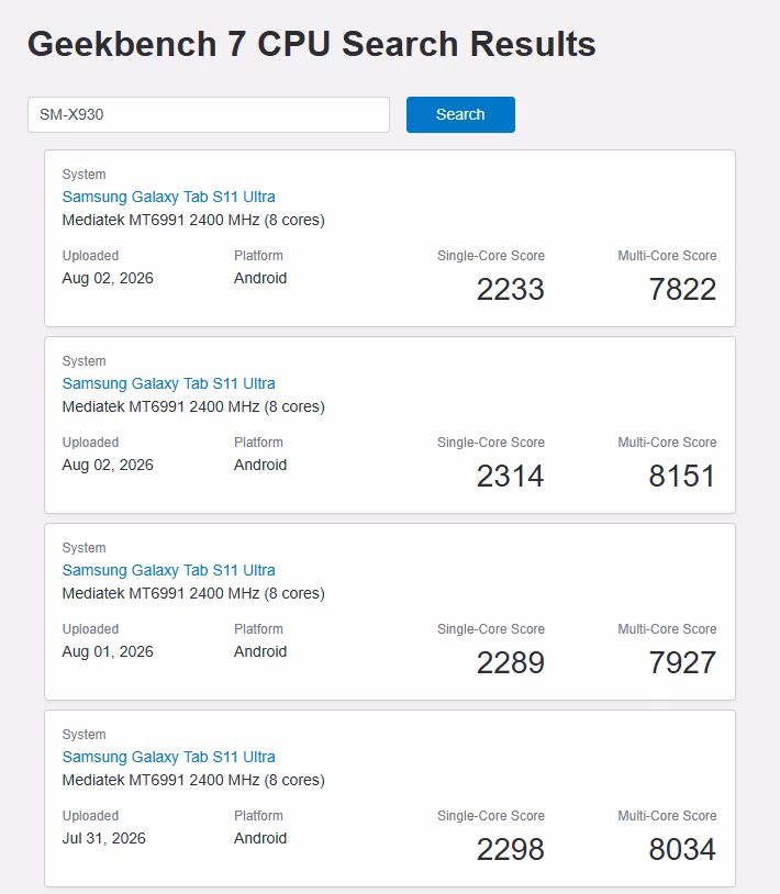 Galaxy Tab S12 Ultra: планшет на Dimensity 9500 засветился в Geekbench 3 Результаты Geekbench 7 CPU Samsung Galaxy Tab S11 Ultra 2026 года