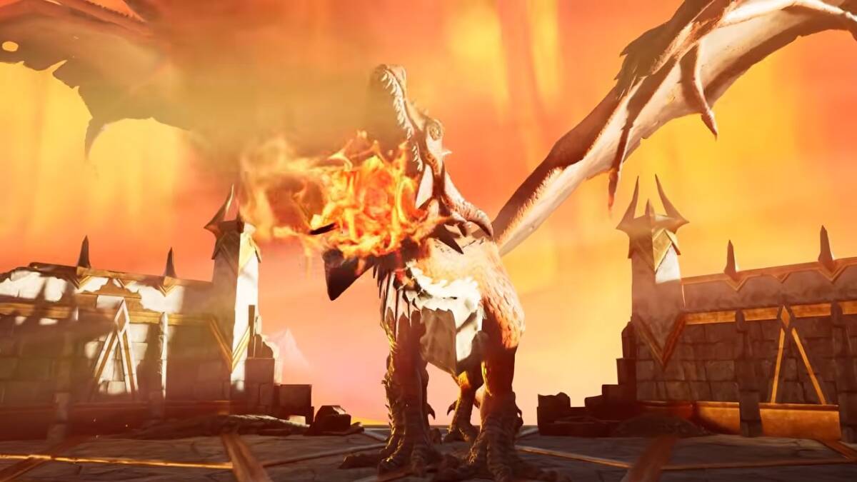 Дракон выпускает огонь в средневековом замке Gamescom 2026
