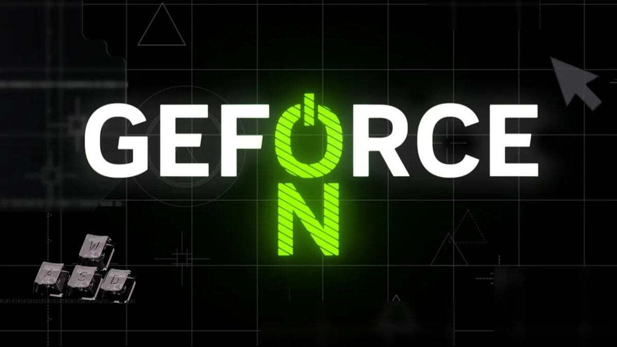 Логотип GEFORCE на зелёном фоне графика
