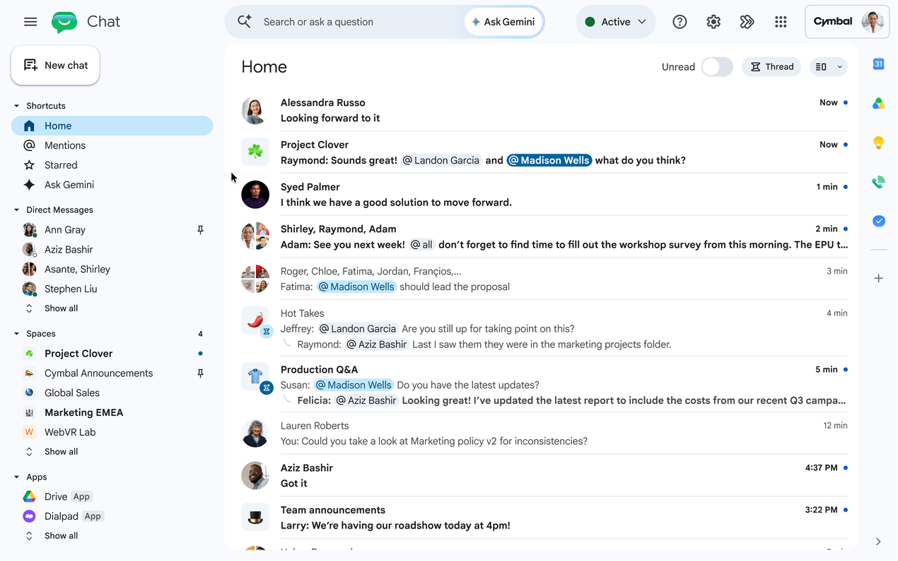Google Chat получил Ask Gemini и поиск по Workspace прямо в чате 2 Диалог в Google Chat с упоминаниями и сообщениями