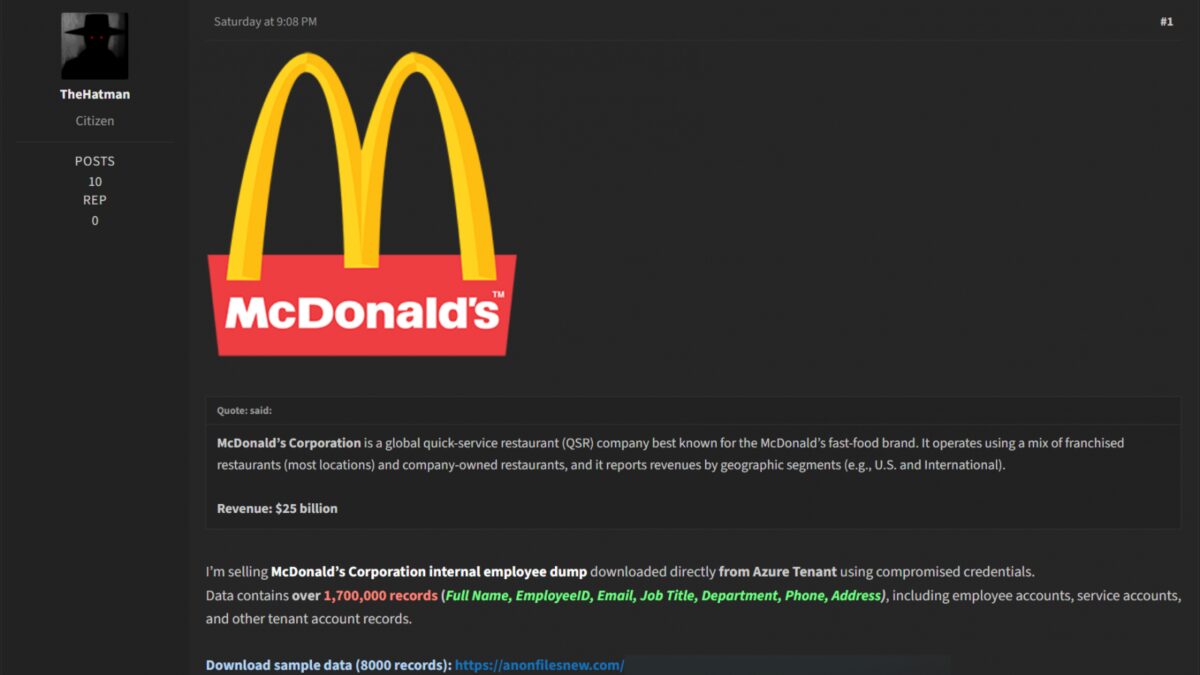 Объявление о краже данных сотрудников McDonald's и Azure
