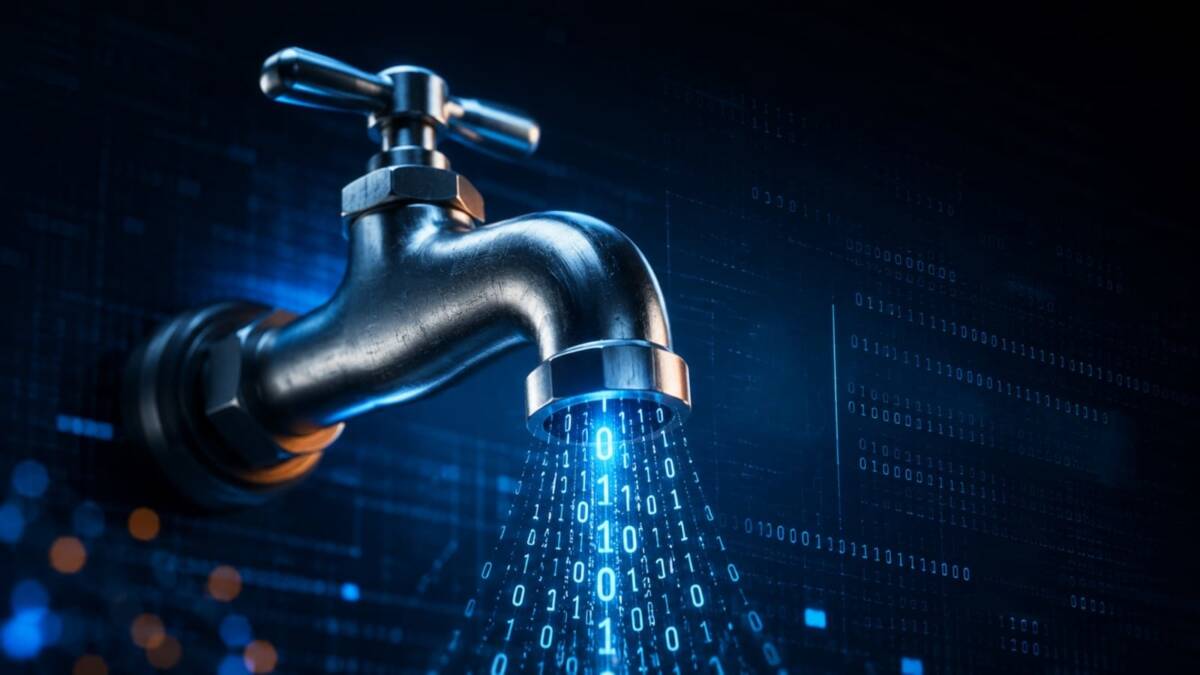 Кран со струёй данных, цифровыми единицами и облаком Azure