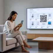 Яндекс тестирует покупки через умные телевизоры по QR-коду 1 Женщина сидит на диване с телефоном и QR-код на телевизоре Яндекс