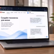 Ноутбук с открытым браузером Яндекс с чат-ботом Яндекс и сайтом Яндекс