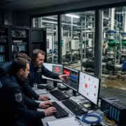 Специалисты аварийной команды водоканала работают за компьютерами в серверной водоканала