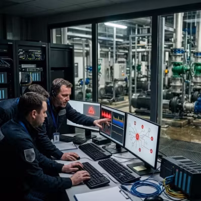 Специалисты аварийной команды водоканала работают за компьютерами в серверной водоканала