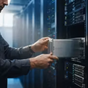 Человек устанавливает сервер Huawei в дата-центре