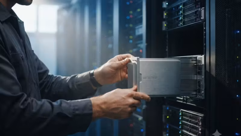 Человек устанавливает сервер Huawei в дата-центре