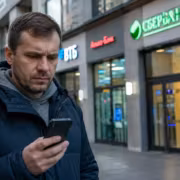 Мужчина с телефоном на улице возле банка Открытие