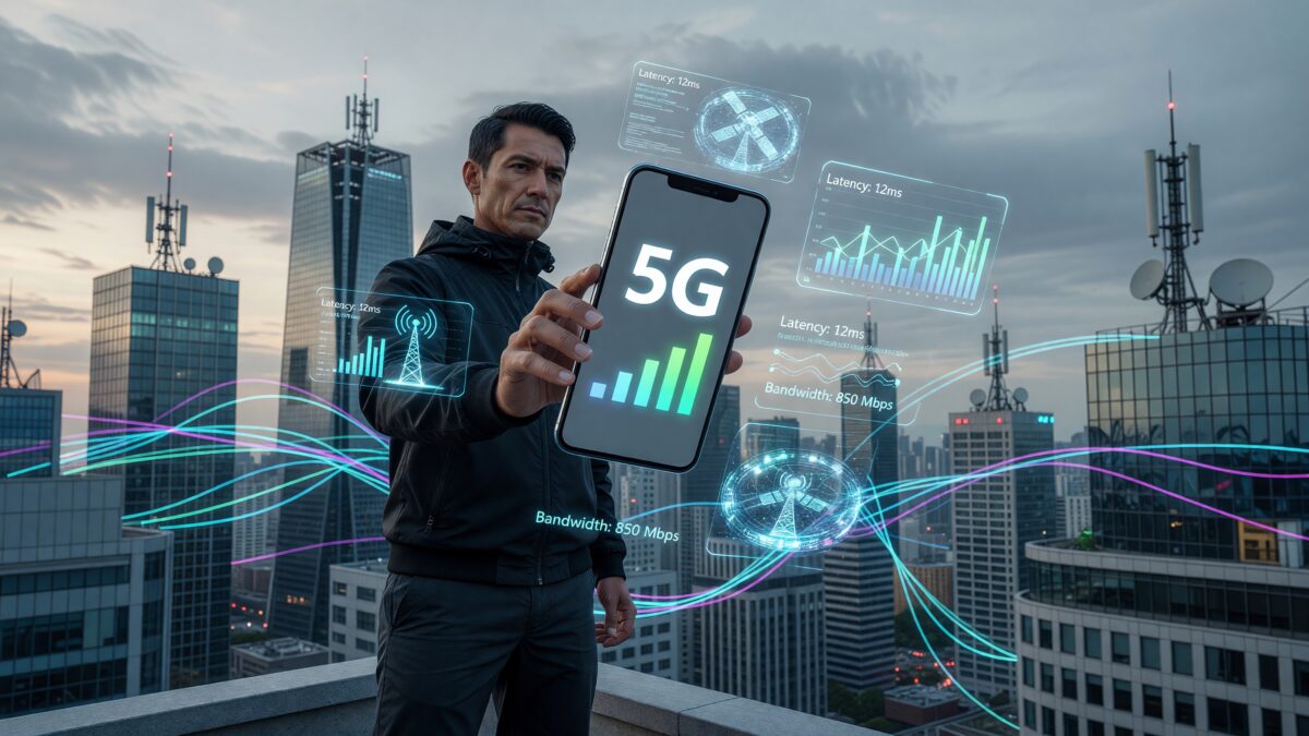 Мужчина держит смартфон 5G на фоне города телебашен