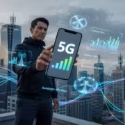 Лишь четверть Android-смартфонов в России готова к 5G 1 Мужчина держит смартфон 5G на фоне города телебашен