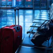 Ожидают рейс в зале аэропорта с чемоданом Manchester Airports Group