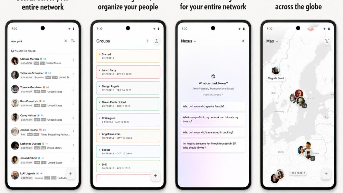 Экран приложения Mesh CRM на смартфоне Android список контактов и групп