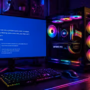 Microsoft начала выпуск Windows 11 25H2 и убрала старые компоненты 1 Компьютерный стол с RGB подсветкой и монитор Windows 11 25H2
