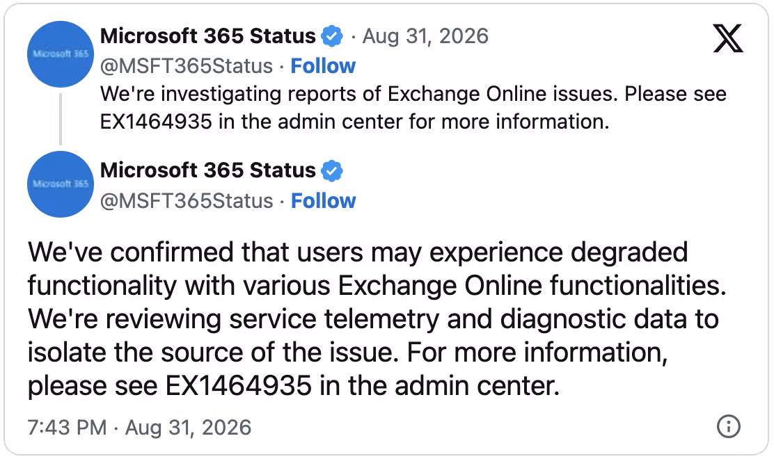 Microsoft расследует сбой Exchange Online с ошибками почты и аутентификации