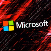 Логотип Microsoft на цифровом фоне с бинарными кодами и графическими элементами