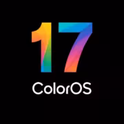 Логотип ColorOS 17 с яркими цветами на черном фоне. Название ColorOS и номер 17