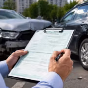 водитель заполняет страховку ОСАГО на фоне аварии