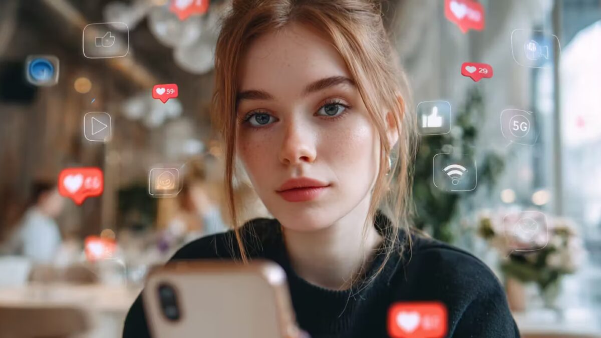 Девушка с рыжими волосами и синими глазами использует смартфон в кафе
