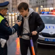 Полицейский проверяет документацию у мужчины на электросамокате полиция Москва