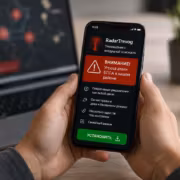 Мобильный телефон с приложением RadarTrevog и предупреждением о нападении