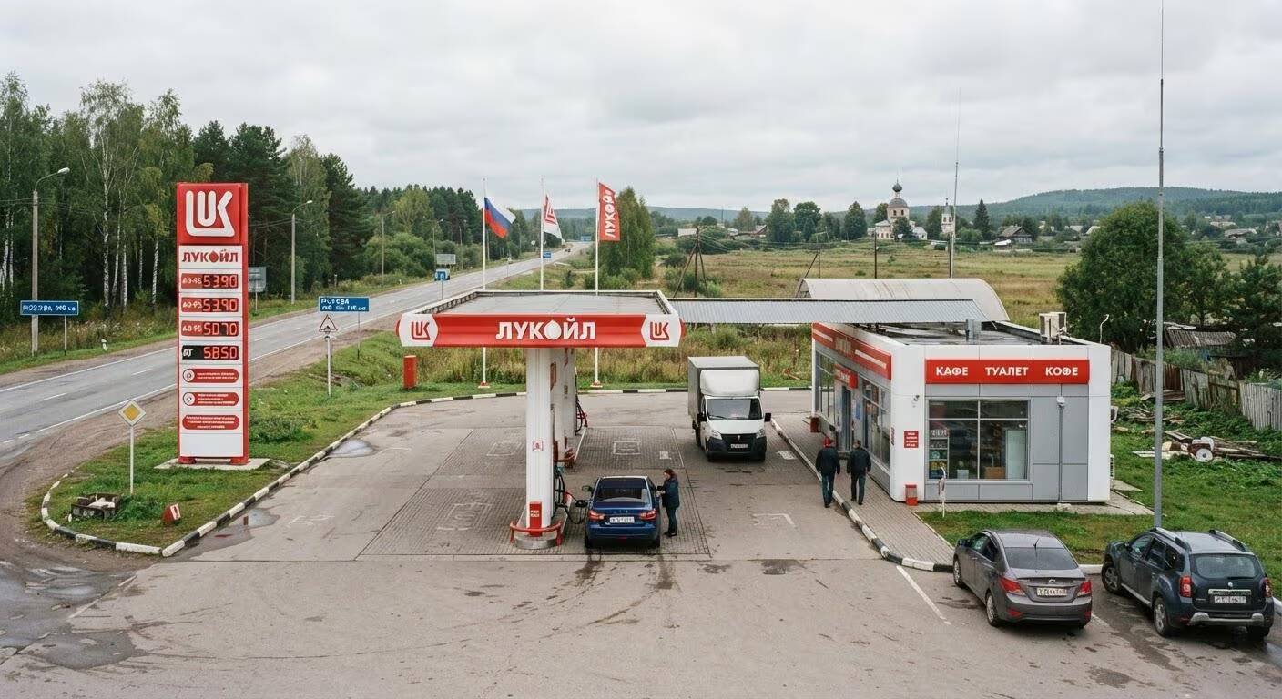 Заправка Лукойл у дороги с машинами и магазином