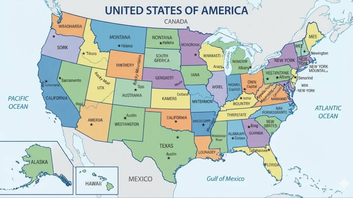 карта США с названиями штатов и океанами родитель школьные дневники искусственный интеллект