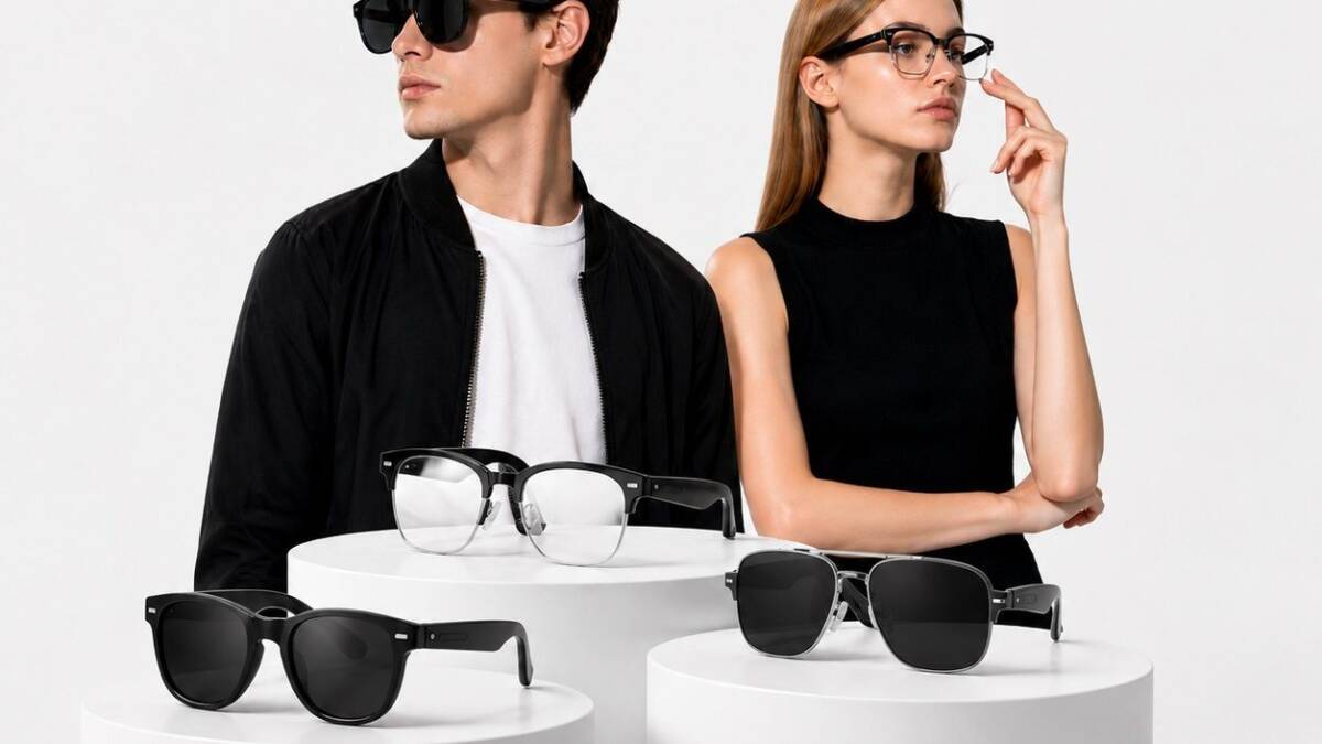 Очки Rogbid VisionW на двух моделях рядом с тремя наборами очков