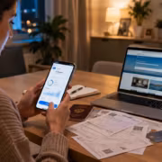 женщина держит смартфон с приложением платежей за ЖКХ и билеты