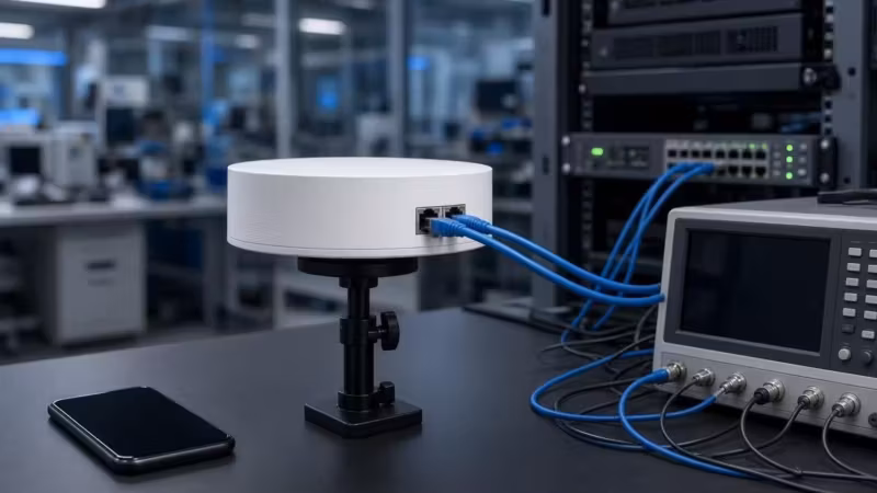 Лабораторное оборудование Wi-Fi 7 и смартфон в центре