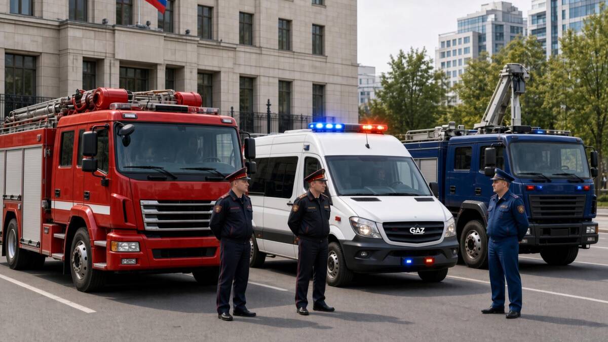 Полиция и пожарная команда у машин МЧС Россия