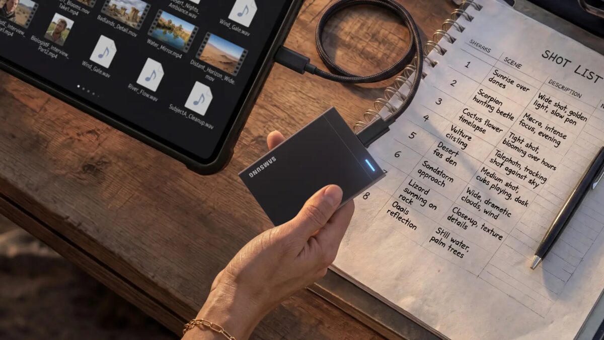 Samsung показала SSD P9 и P7 с USB4 на Gamescom 2026 3 Человек держит внешний SSD Samsung P9 подключённый к планшету