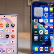 Два смартфона Samsung Galaxy Note и iPhone 14 Pro Max