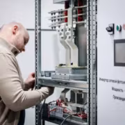 Человек работает с инвертором Парус электро в серверной