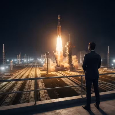 Человек в костюме наблюдает за запуском ракеты SpaceX