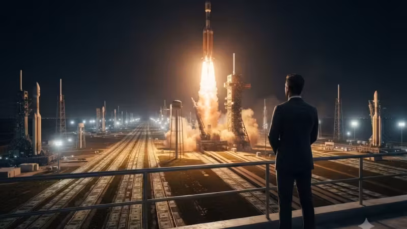 Человек в костюме наблюдает за запуском ракеты SpaceX