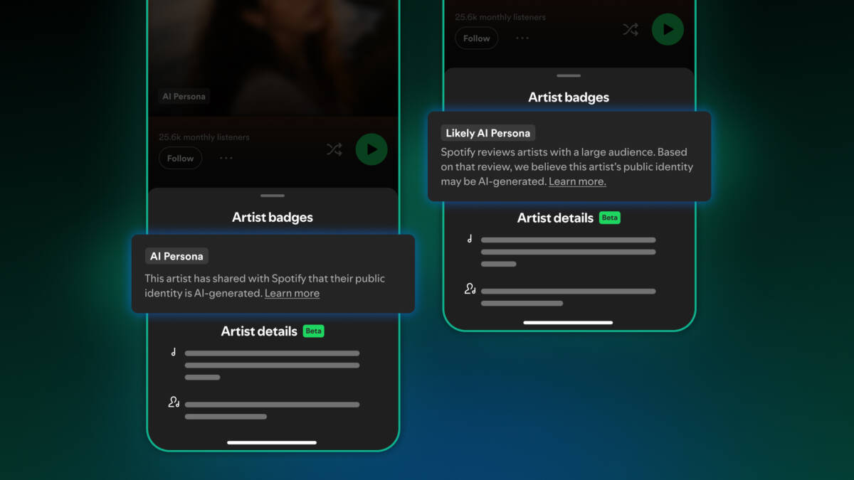 Экраны Spotify с пометками AI-артистов и подробностями